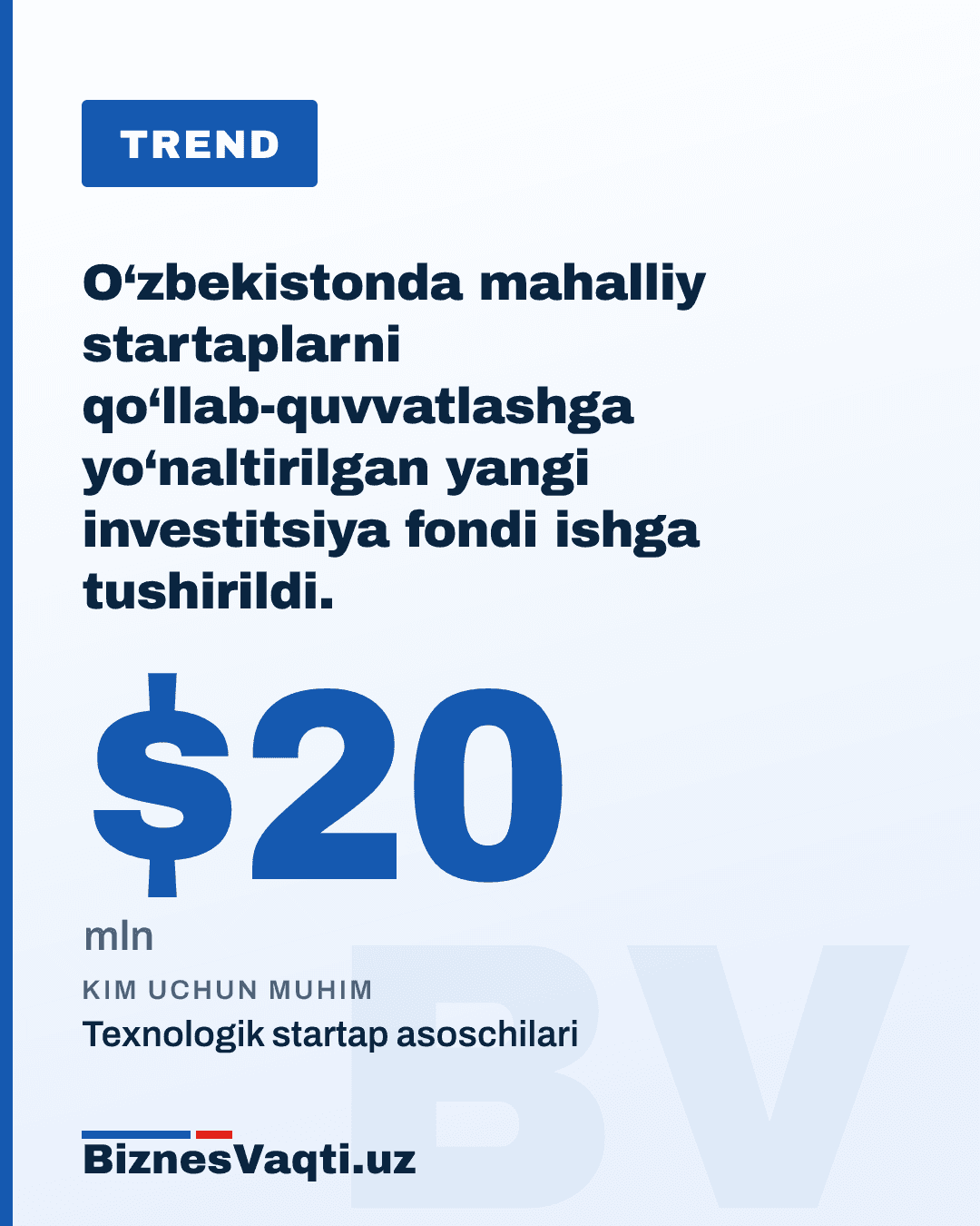 $20 mln — O‘zbekistonda mahalliy startaplarni qo‘llab-quvvatlashga yo‘naltirilgan yangi investitsiya fondi ishga tushirildi.