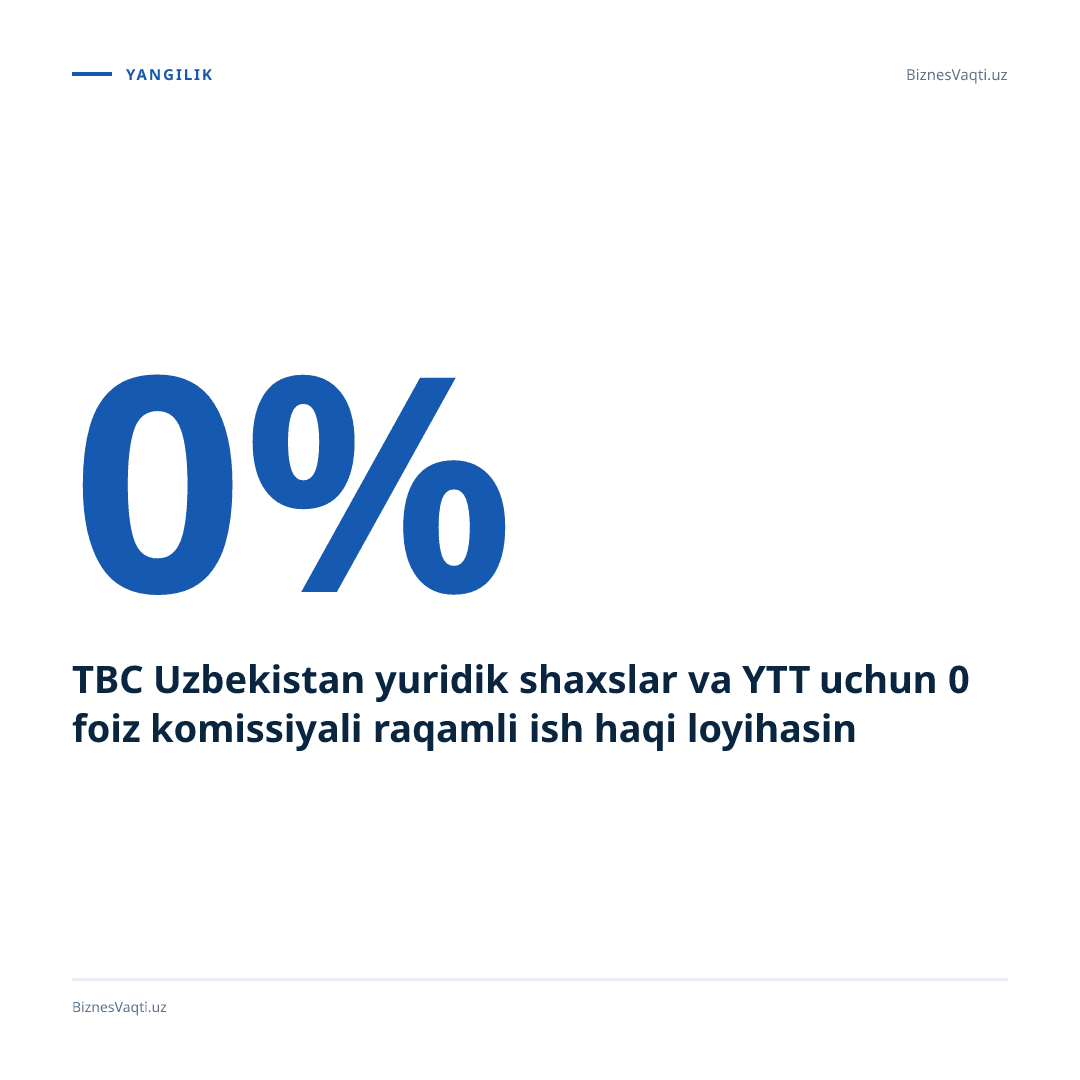 TBC Uzbekistan yuridik shaxslar va YTT uchun 0 foiz komissiyali raqamli ish haqi loyihasini yo‘lga qo‘ydi.