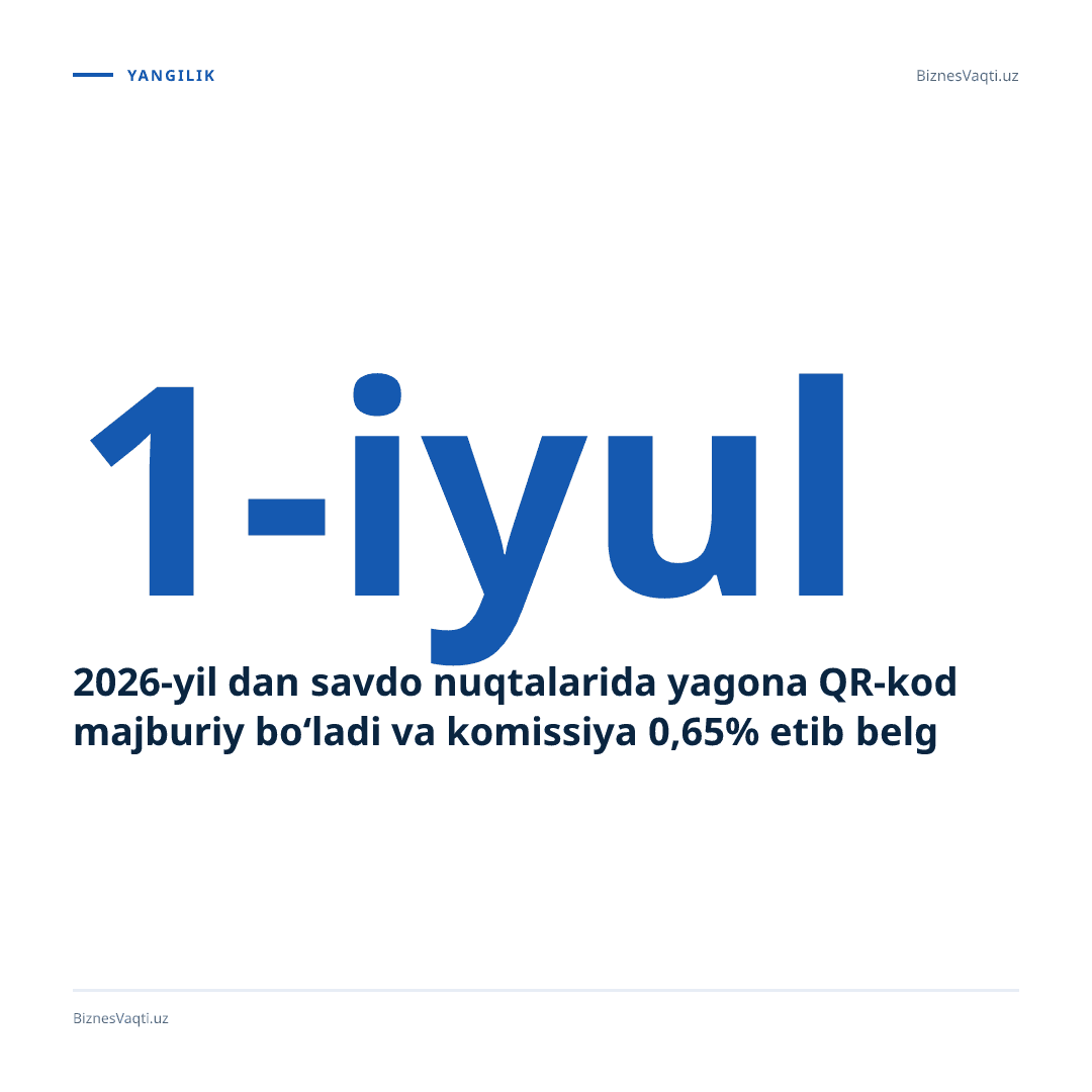 2026-yil 1-iyuldan savdo nuqtalarida yagona QR-kod majburiy bo‘ladi va komissiya 0,65% etib belgilandi.