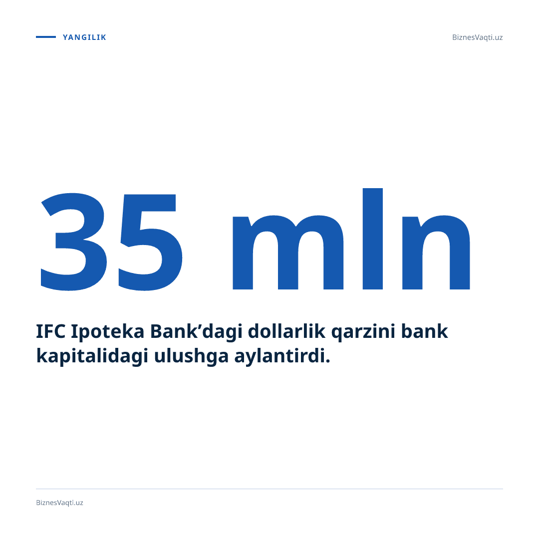 IFC Ipoteka Bank’dagi 35 mln dollarlik qarzini bank kapitalidagi ulushga aylantirdi.
