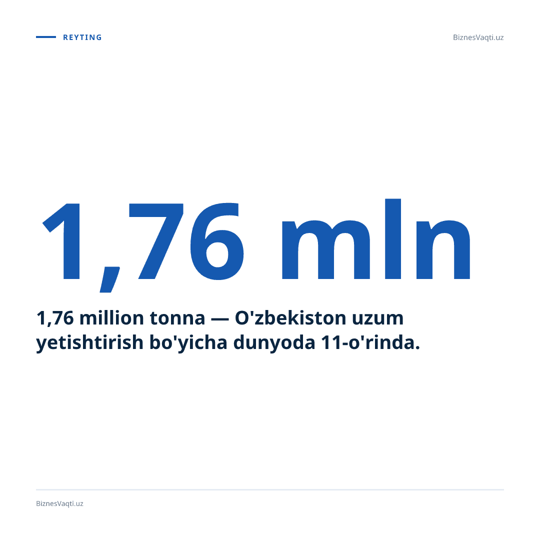 1,76 million tonna — O'zbekiston uzum yetishtirish bo'yicha dunyoda 11-o'rinda.