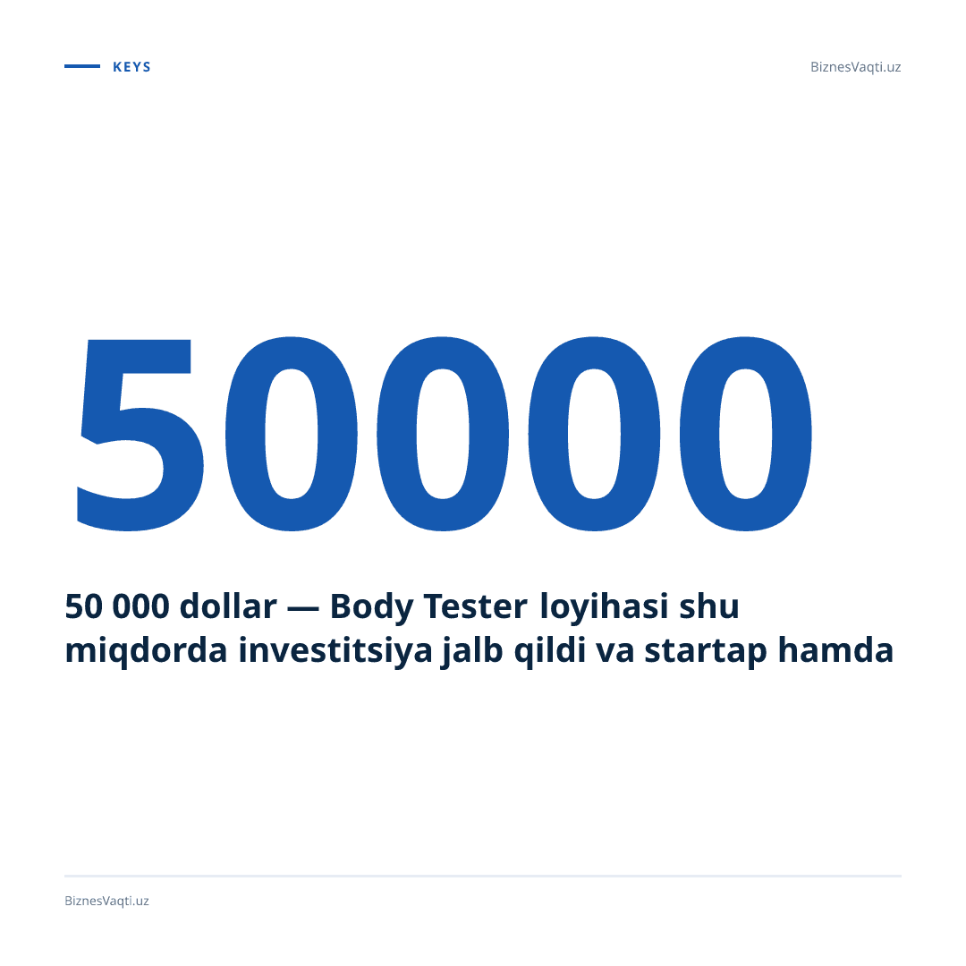 50 000 dollar — Body Tester loyihasi shu miqdorda investitsiya jalb qildi va startap hamda an’anaviy biznes o‘rtasidagi farqni yorqin ko‘rsatdi.