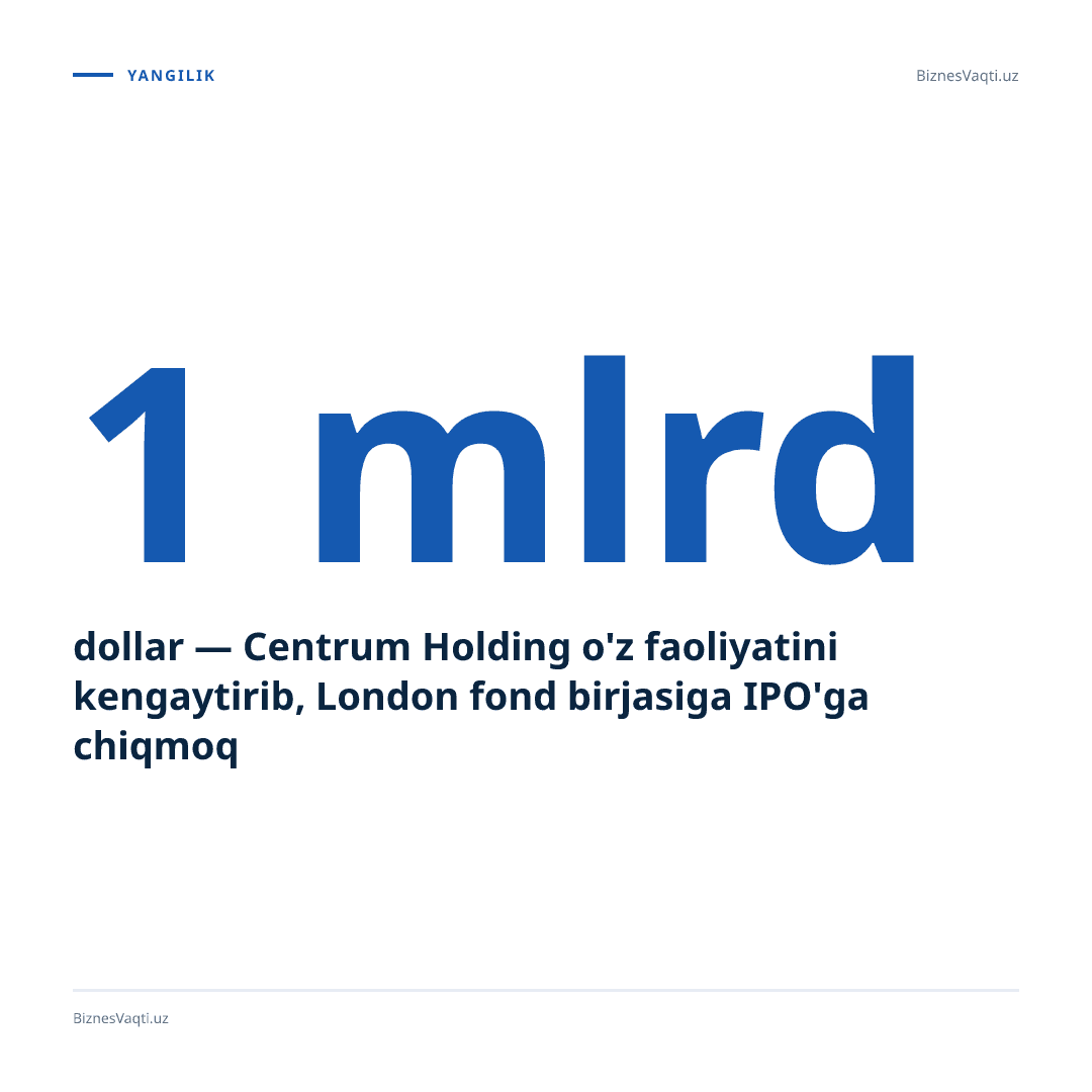 1 mlrd dollar — Centrum Holding o'z faoliyatini kengaytirib, London fond birjasiga IPO'ga chiqmoqchi.
