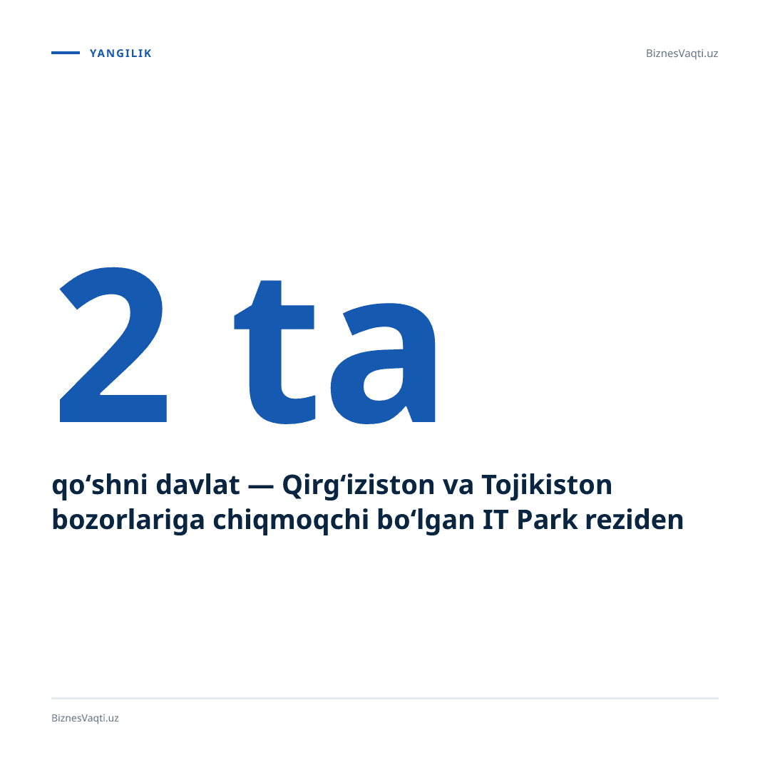 2 ta qo‘shni davlat — Qirg‘iziston va Tojikiston bozorlariga chiqmoqchi bo‘lgan IT Park rezidentlari uchun yangi dastur boshlanmoqda.