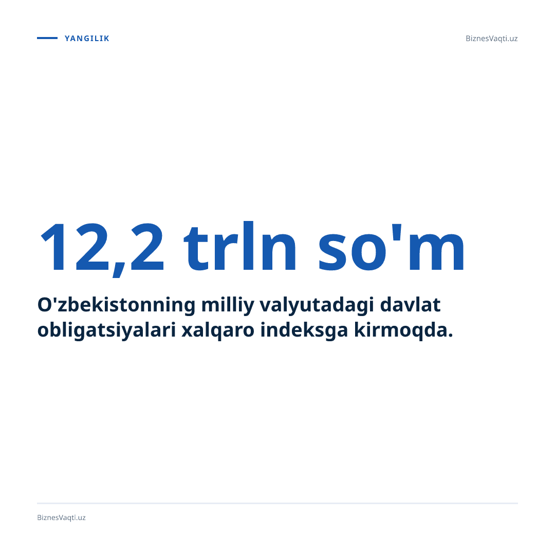12.2 trln so'm — O'zbekistonning milliy valyutadagi davlat obligatsiyalari xalqaro indeksga kirmoqda.
