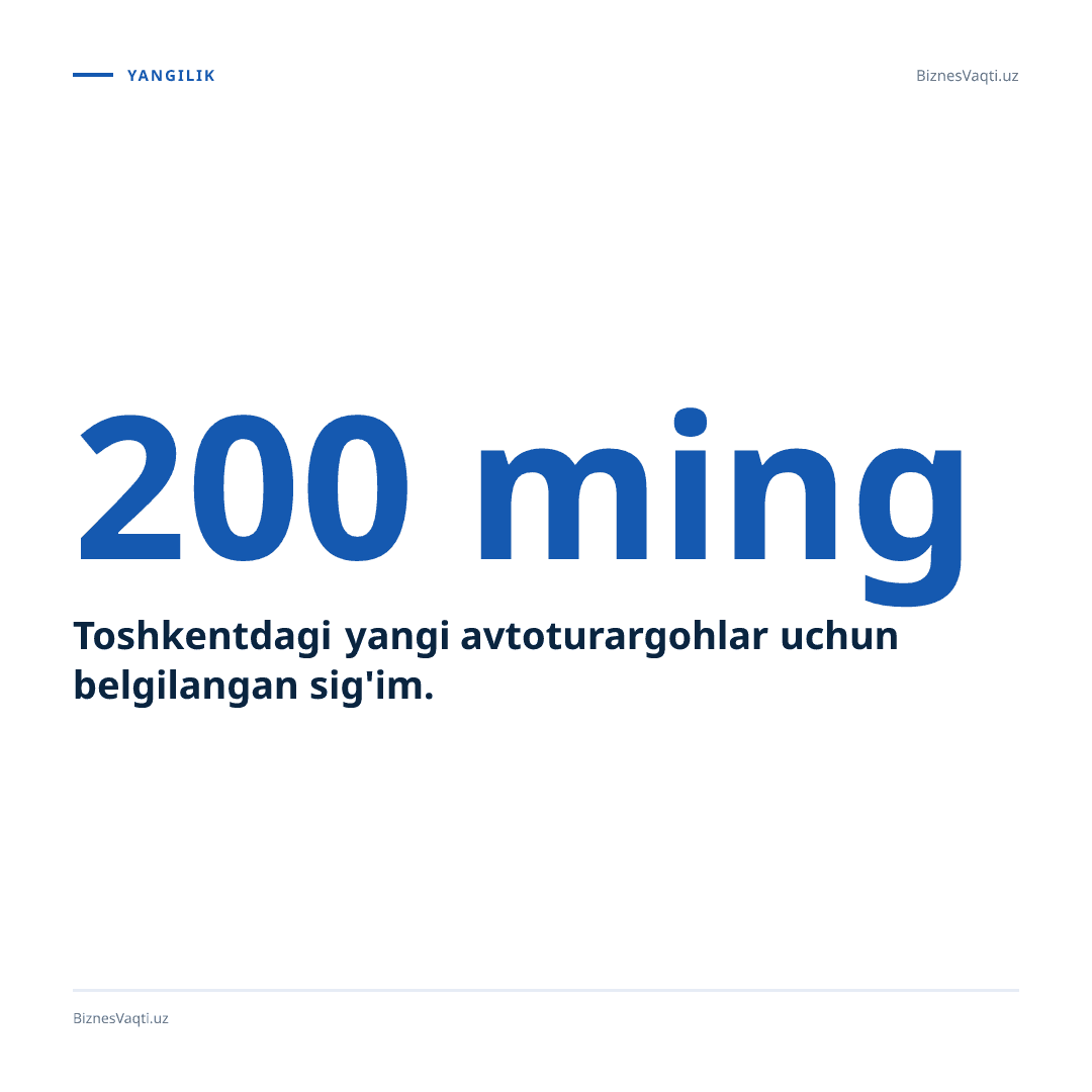 200 ming — Toshkentdagi yangi avtoturargohlar uchun belgilangan sig'im.