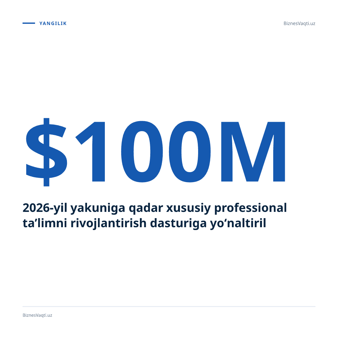 2026-yil yakuniga qadar xususiy professional ta’limni rivojlantirish dasturiga 100 million dollar yo‘naltiriladi.