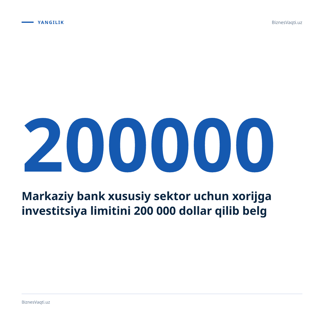 Markaziy bank xususiy sektor uchun xorijga investitsiya limitini 200 000 dollar qilib belgiladi.