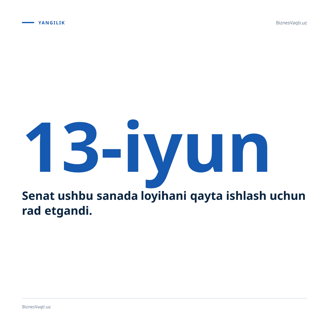 13-iyun — Senat ushbu sanada loyihani qayta ishlash uchun rad etgandi.