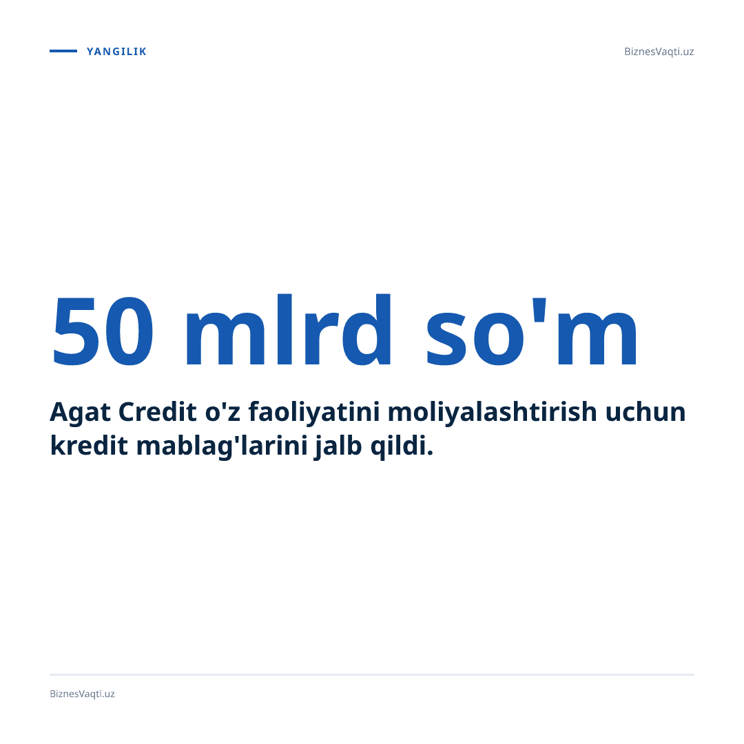 50 mlrd so'm — Agat Credit o'z faoliyatini moliyalashtirish uchun kredit mablag'larini jalb qildi.