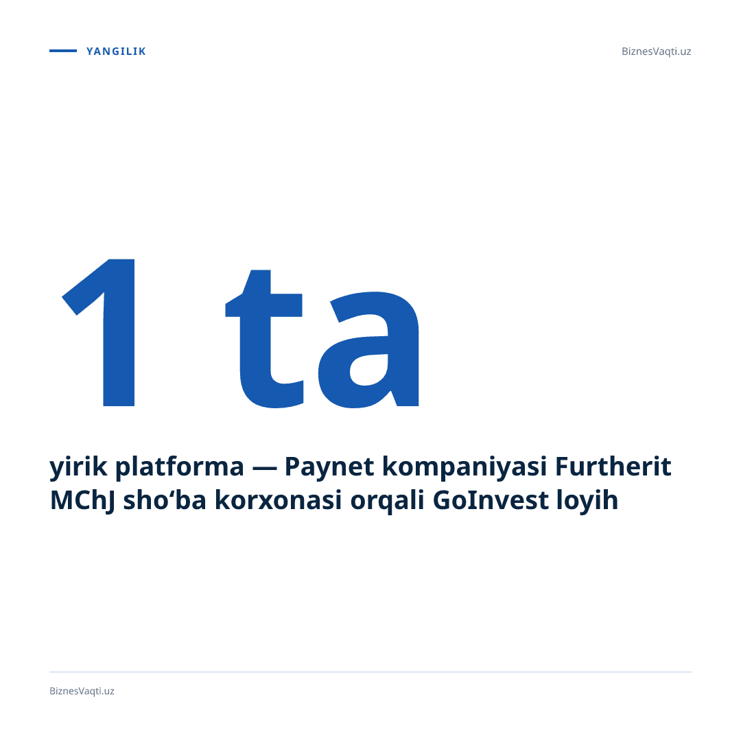 1 ta yirik platforma — Paynet kompaniyasi Furtherit MChJ sho‘ba korxonasi orqali GoInvest loyihasining nazorat paketini sotib olmoqda.