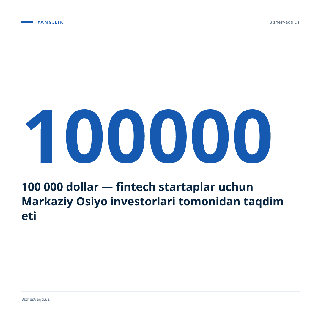 100 000 dollar — fintech startaplar uchun Markaziy Osiyo investorlari tomonidan taqdim etilayotgan eng yuqori investitsiya hajmi.