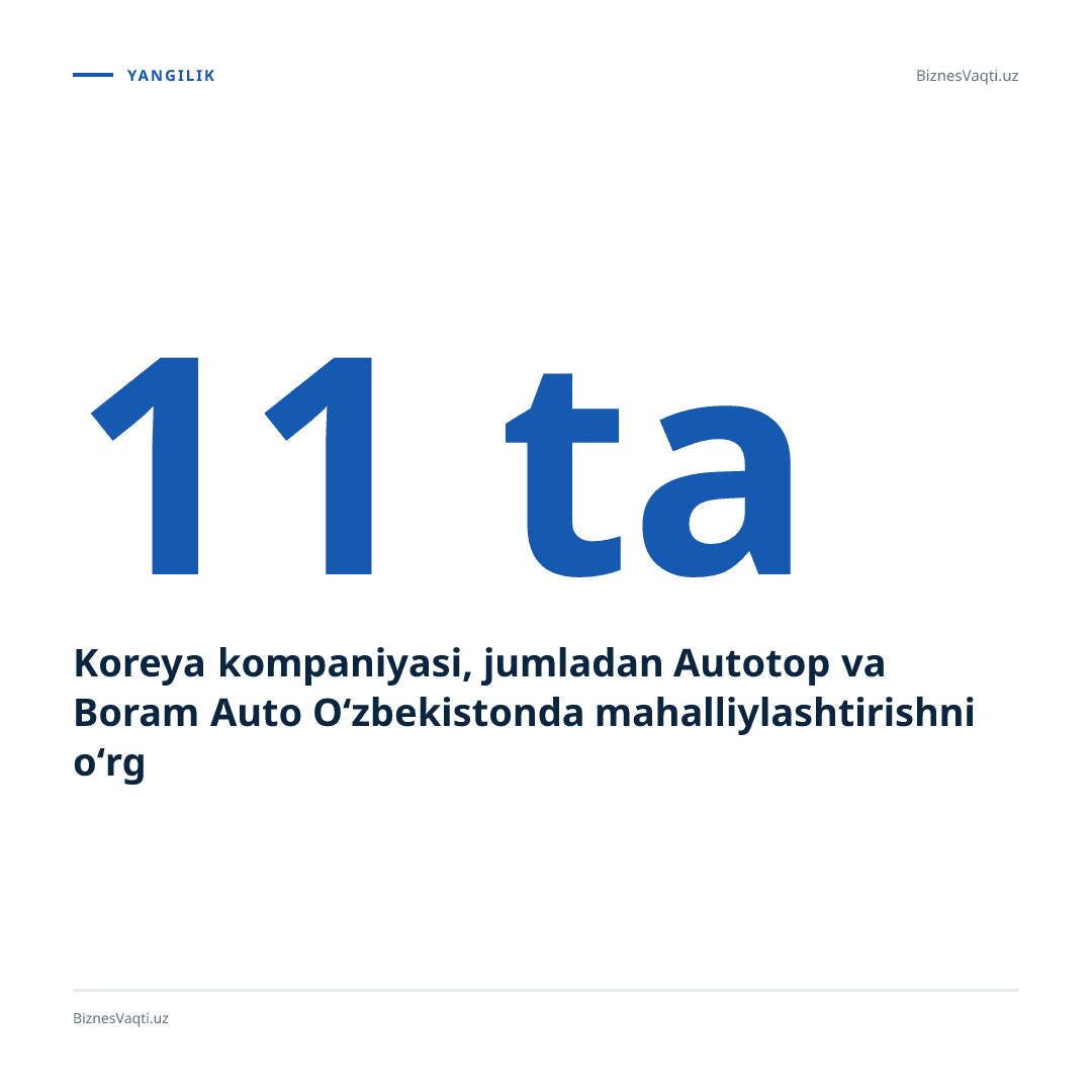11 ta Koreya kompaniyasi, jumladan Autotop va Boram Auto O‘zbekistonda mahalliylashtirishni o‘rganmoqda.