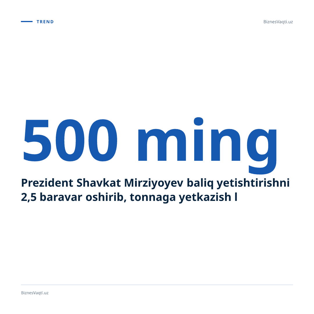 Prezident Shavkat Mirziyoyev baliq yetishtirishni 2,5 baravar oshirib, 500 ming tonnaga yetkazish loyihasini ma’qulladi.